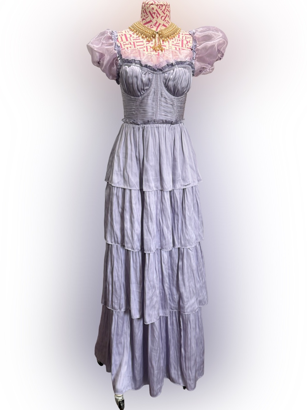 Altar’d State Lavender Satin Corset Maxi  Dress Romantic Puff Sleeve Fairy XS